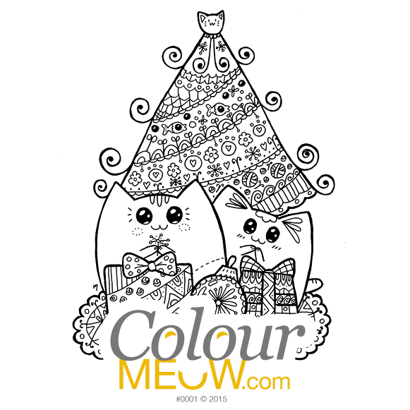 Cat Colouring Page – Christmas Yoko Cats With Gifts – (Design 0001