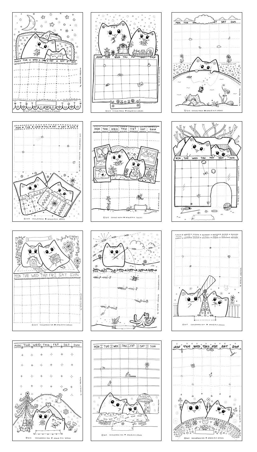 ColourMeow - Cute Printable Cat Colouring Calendar-Planner - Neko Yoko - Mia - Cats - Series 1 - Lots Of Cuteness