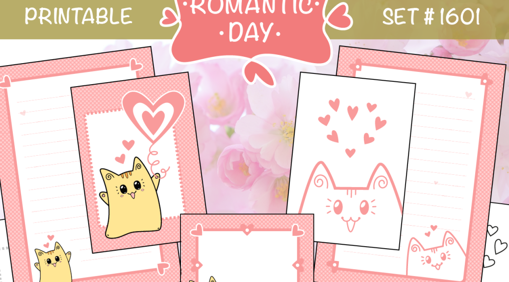 Colour Meow - DIY Printable Set #1601 - Romantic Day - Neko Yoko Cat, Pink Polka Dot Pattern, Hearts - Planning, Writing, Celebration, Diary, Journal, ToDo List